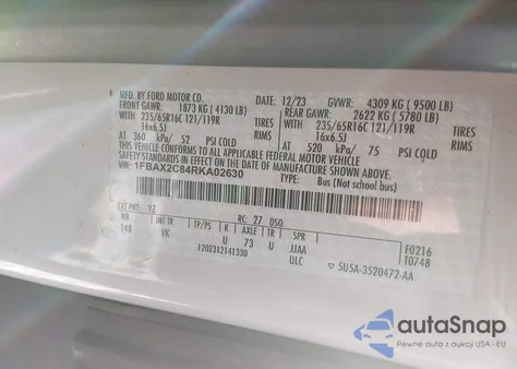 2024 Ford Transit-350 Passenger Van Xl из США, поврежденный, VIN 1FBAX2C84RKA02630